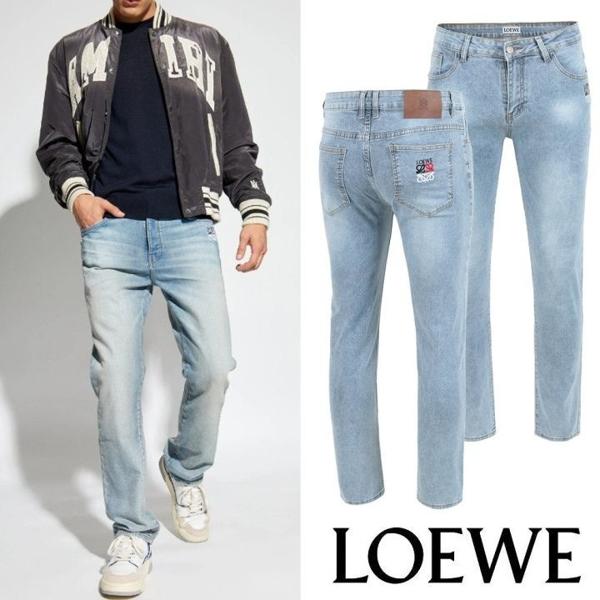 로** 컬러 아나그램 자수 연청워싱 슬림진