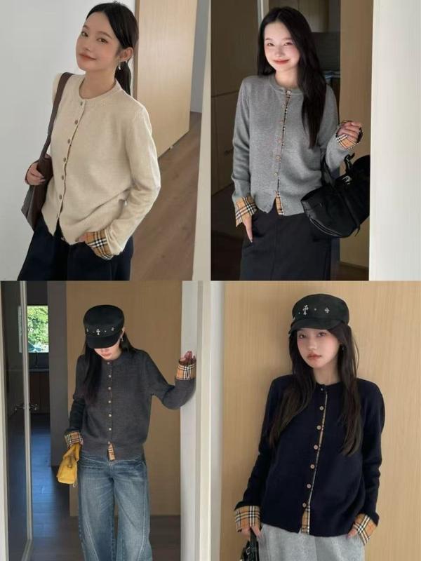 버** 체크소매 가디건