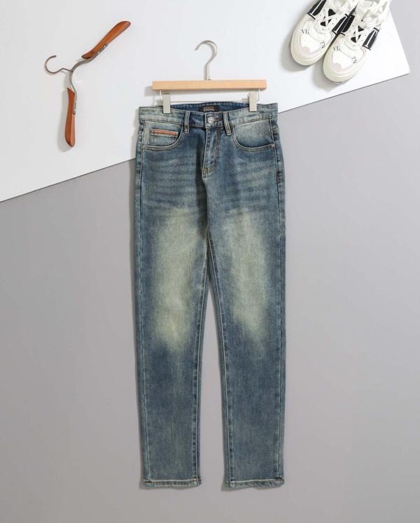 제* 수입 브라운 레더 패치 스판 데님 팬츠