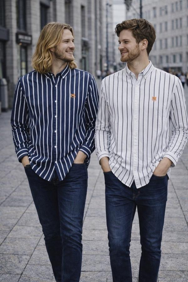 메* 키츠네 브라운 폭스헤드 워싱 스트라이프 셔츠