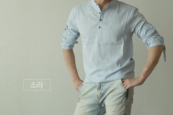롤업 린넨 헨리넥 워싱 셔츠
