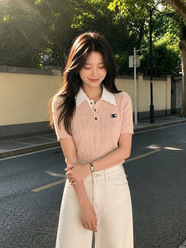 셀** 배색카라 꽈배기 반팔니트