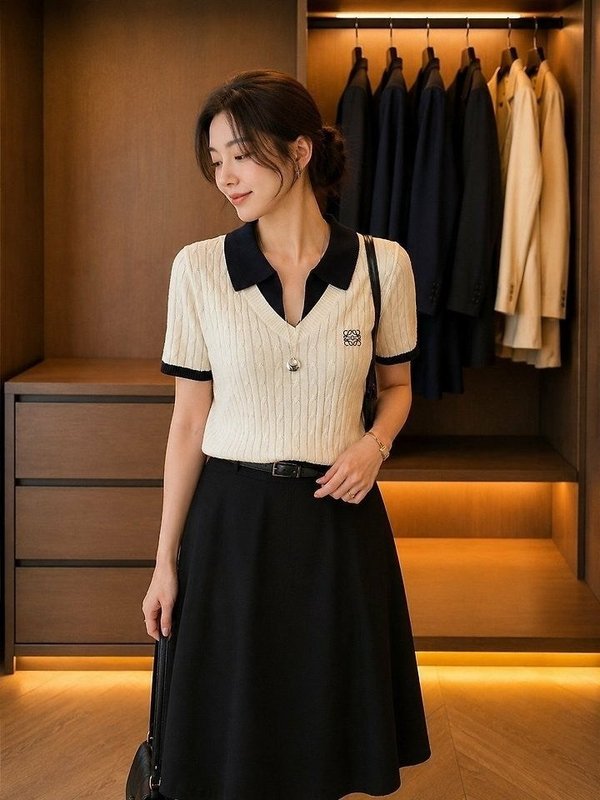 로** 카라배색 꽈배기니트