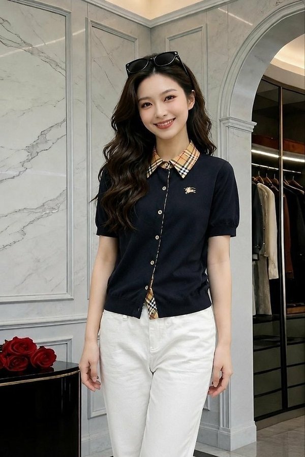버** 체크카라 로고 가디건