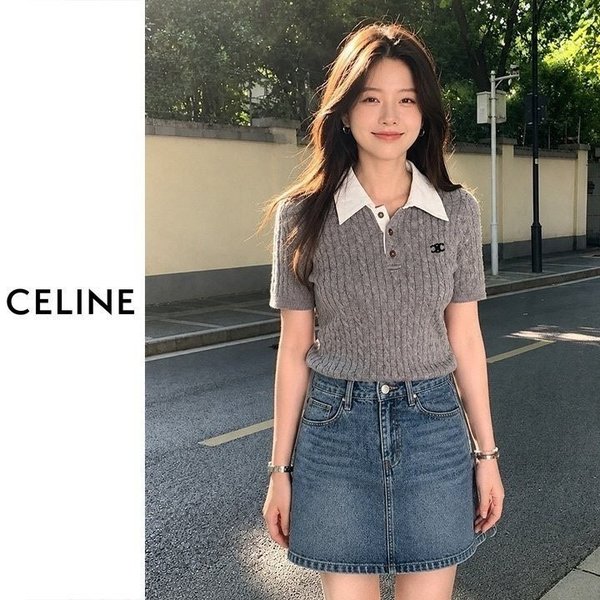 셀** 배색카라 꽈배기 반팔니트