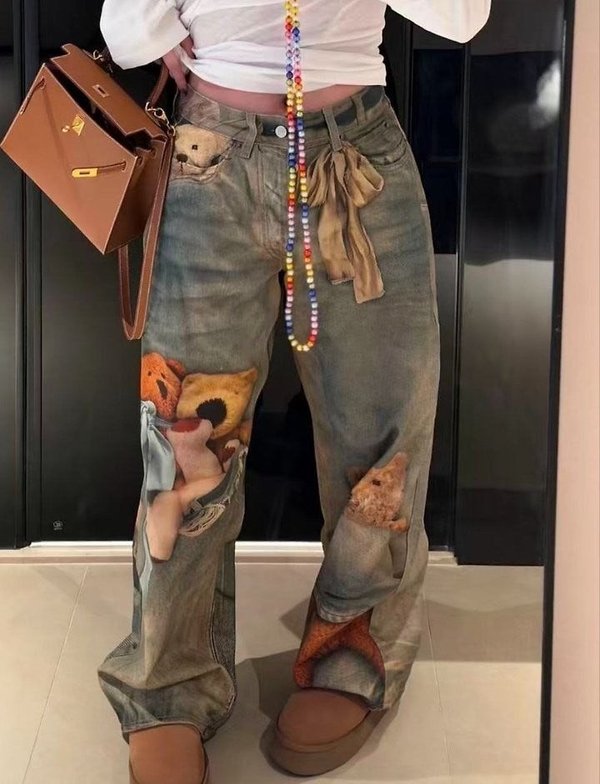 아** 스튜디오 26 1981 곰돌이 프린팅 루즈핏 진 - 수입
