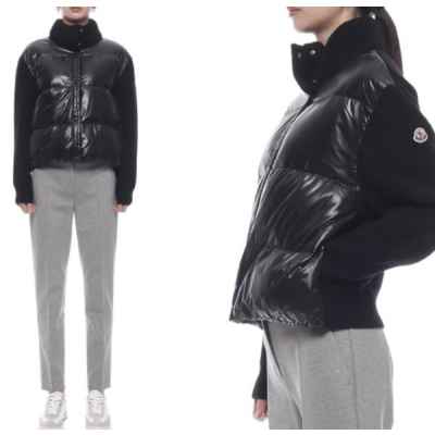 로고패치 패딩 레이어드 하이넥 여성 니트 집업