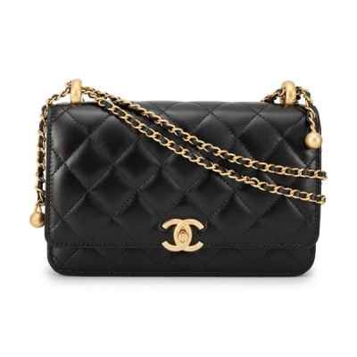 샤* 체인 지갑 카프스킨  골드 메탈 블랙 Wallet On Chain Calfskin  Gold Black 풀박스