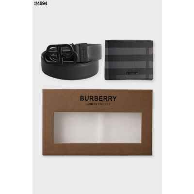 버** TB 블랙 모노그램 플라크 레더 벨트 & 체크 슬림 바이폴드 레더 반지갑