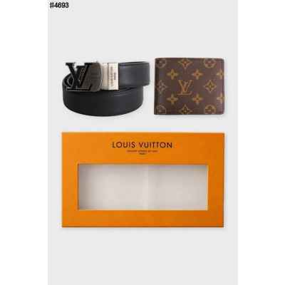 루* LV 이니셜 버클 블랙 레더 벨트 & 모노그램 레더 반지갑 셋