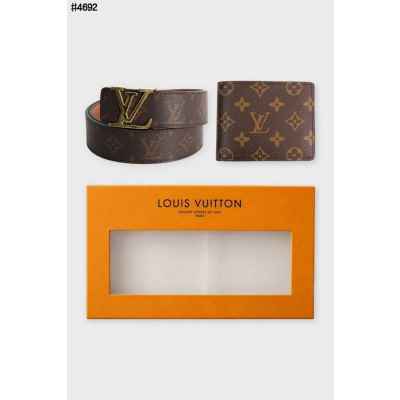 루* LV 금장 모노그램 레더 벨트 & 모노그램 레더 반지갑 셋