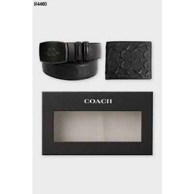 코* 스티치드 플리케 버클 블랙 레더 벨트 & 시그니처 레더 반지갑 셋