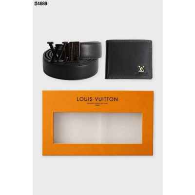 루* LV 블랙 유광 에어로그램 버클 레더 벨트 & 스티치 멀티플 레더 반지갑 셋