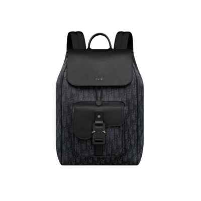 디* Saddle 플랩 백팩 블랙 D1or Oblique 자카드 & 블랙 그레인 송아지 가죽